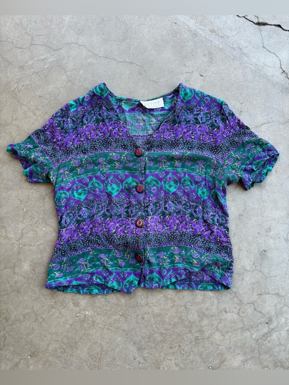 Vintage Petite Sophisticate 90s Purple Teal Floral Rayon Top Medium Made in USA